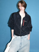 MASONPRINCE Lightweight Tonal Check Nylon Jacket in Navy Blue - On Female Model