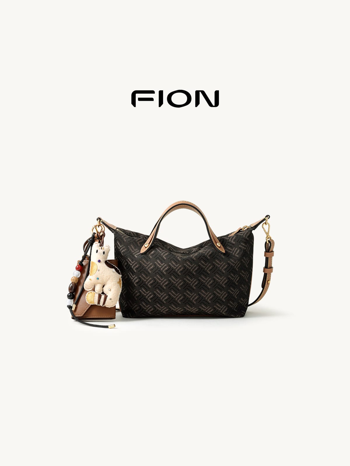 FION Small Woven Leather Trim Dumpling Tote in Brown