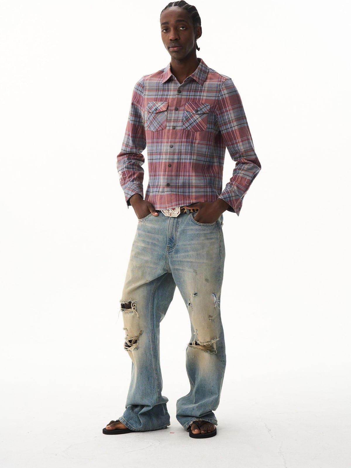 BLINDNOPLAN Cropped Plaid Button Down Shirt in Blue - On Male Model