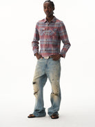 BLINDNOPLAN Cropped Plaid Button Down Shirt in Blue - On Male Model