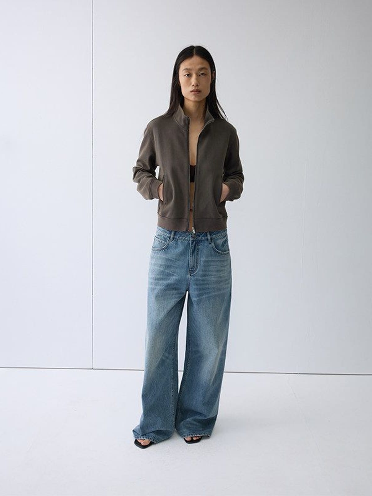 Random Piece Washed Cotton Stand Collar Zip Sweatshirt in Brown - On Female Model