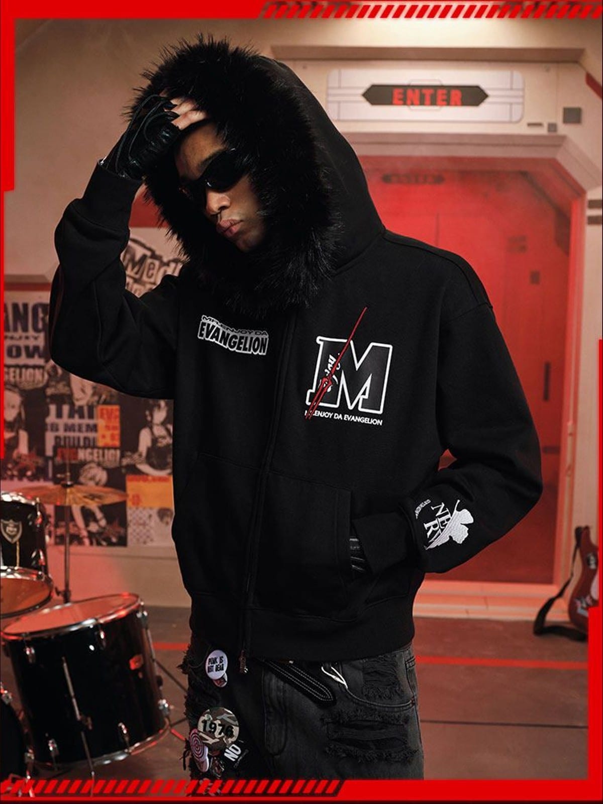 MEDM Faux Fur Trimmed Graphic Zip Hoodie in Black - On Male Model