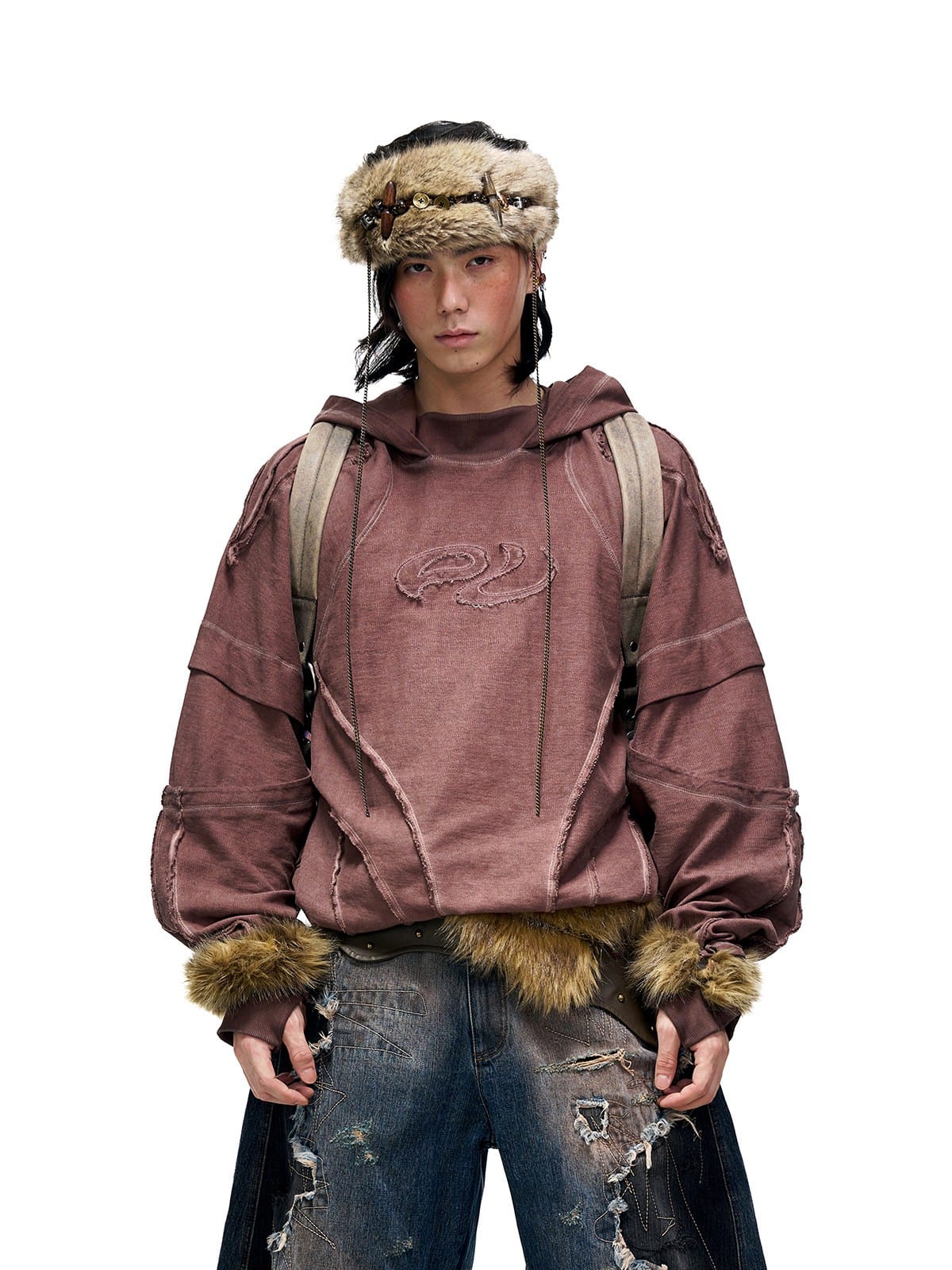 PERSONSOUL Garment Dyed Distressed Hoodie in Brown - On Male Model