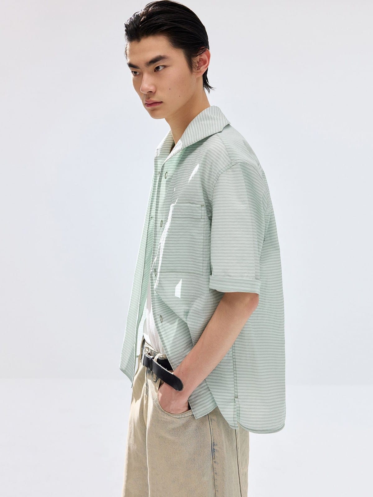 SIMPLE PROJECT Striped One Piece Collar Shirt in Mint - On Male Model