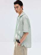 SIMPLE PROJECT Striped One Piece Collar Shirt in Mint - On Male Model