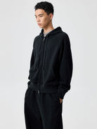 SIMPLE PROJECT Cotton Blend Zip Up Hoodie in Navy Blue - On Male Model