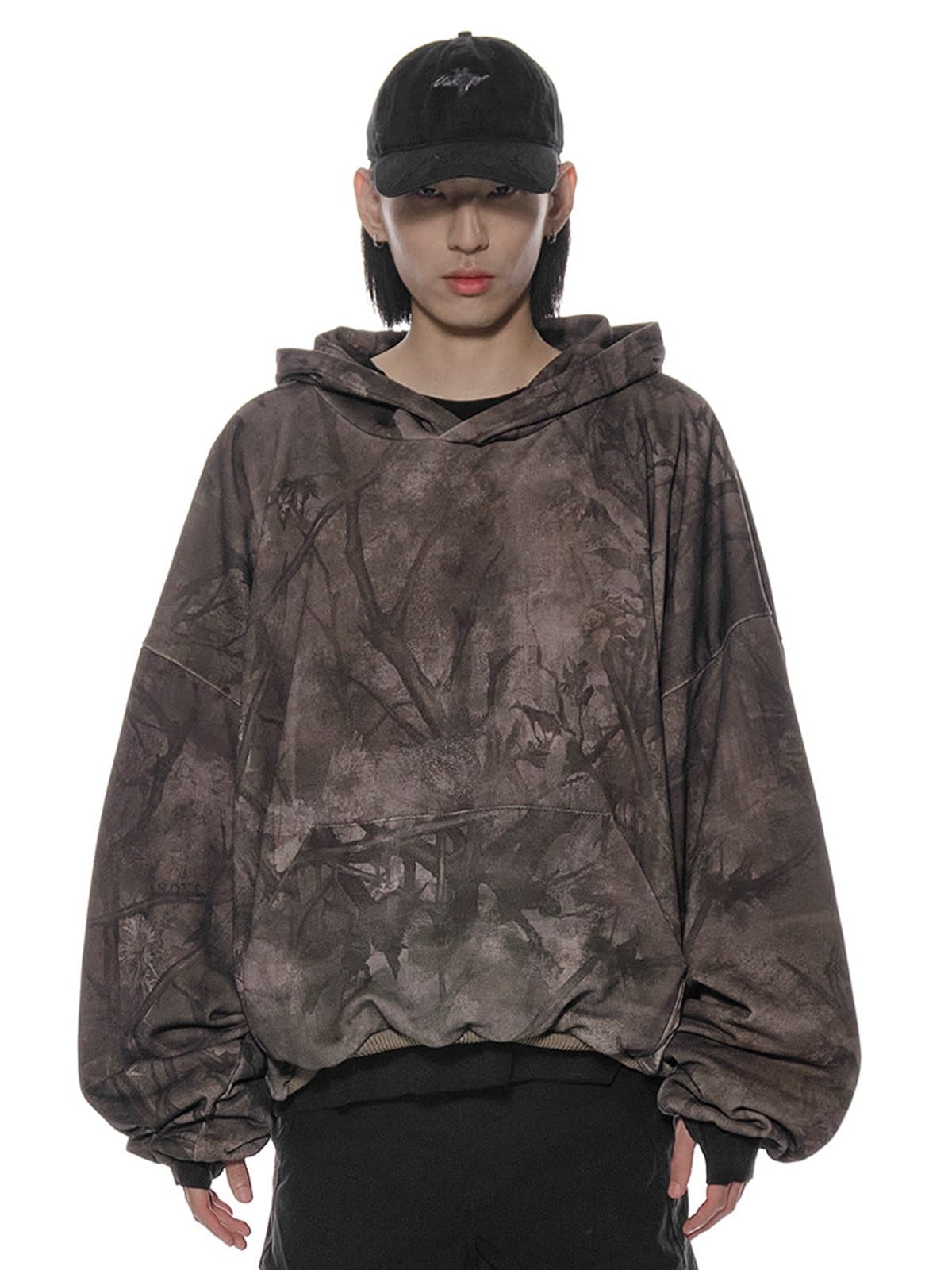 D5ove Distressed Forest Camo Hoodie in Gray - On Male Model