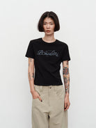 Random Piece Contrast Print Lace Trim T Shirt in Black - On Female Model