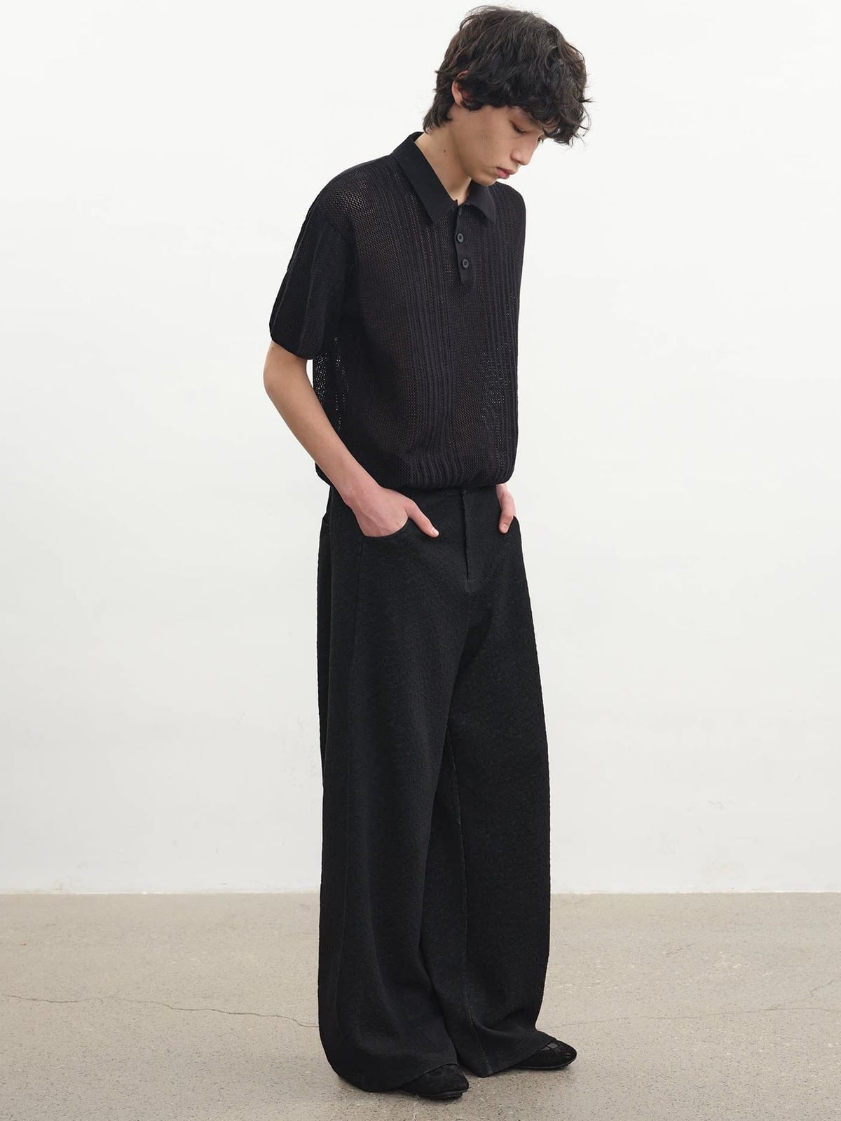 JCAESAR STUDIO Pointelle Ribbed Cotton Polo in Navy - On Male Model