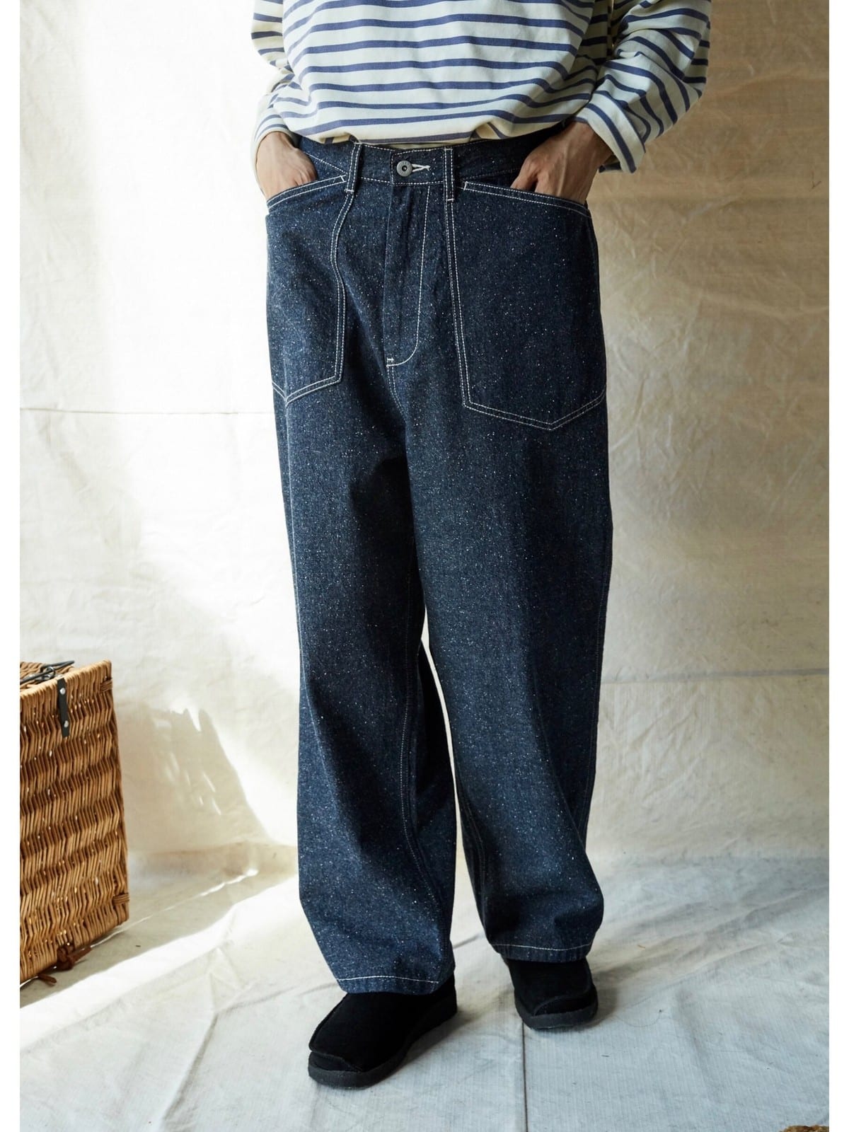 USAGE Vintage Neppy Cotton Straight Leg Jeans in Navy Blue - On Male Model