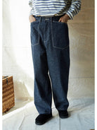USAGE Vintage Neppy Cotton Straight Leg Jeans in Navy Blue - On Male Model