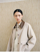 TEASEL Cropped Silk Camel Hair Barn Jacket in Oatmeal - On Female Model