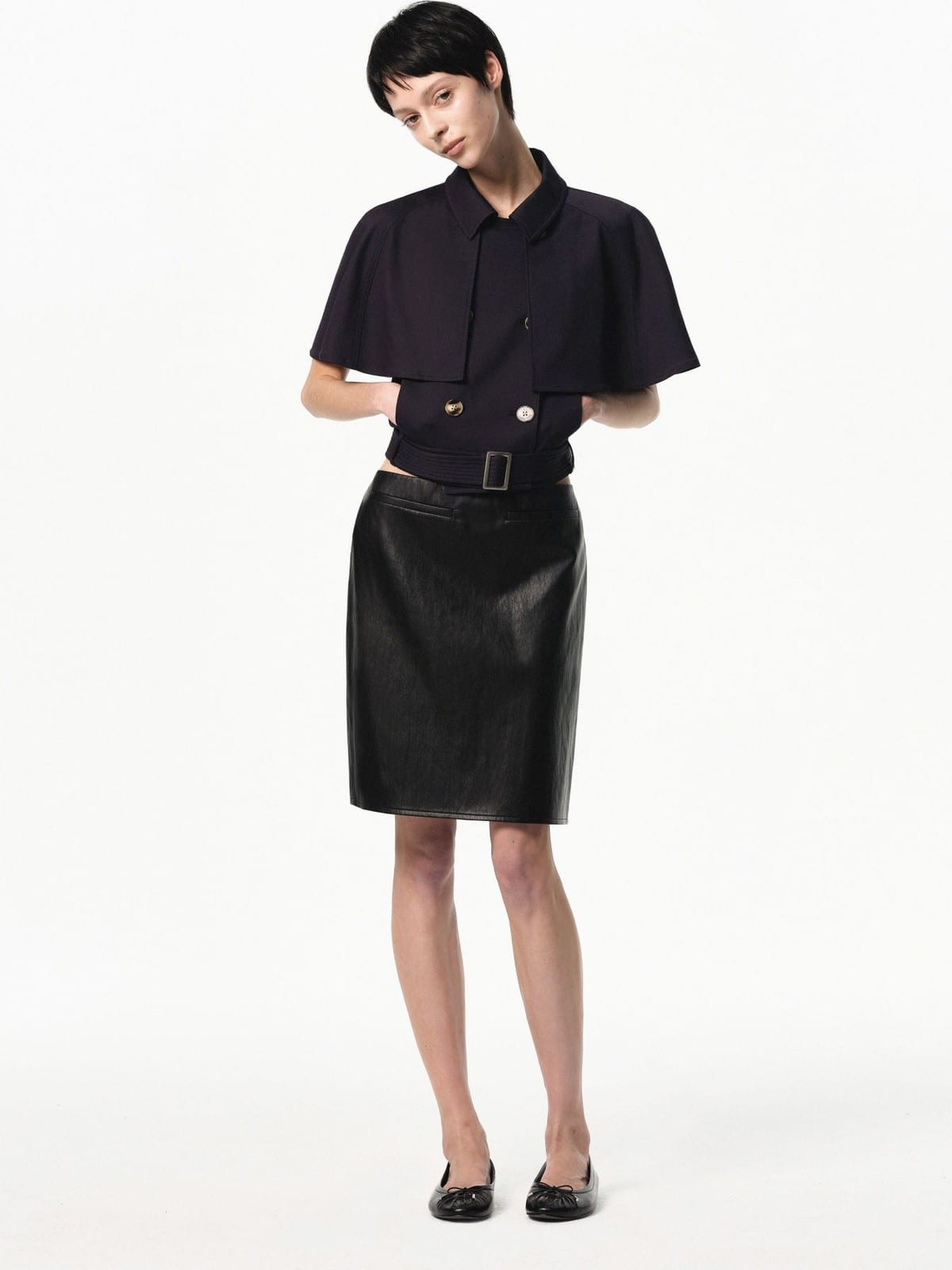 RARELY ALIKE Detachable Cape Cropped Trench Jacket in Navy Blue - On Female Model
