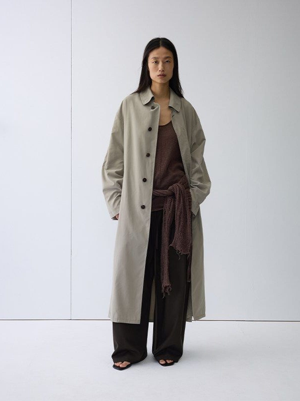 Random Piece Soft Draped Nylon Blend Trench Coat in Mint - On Female Model
