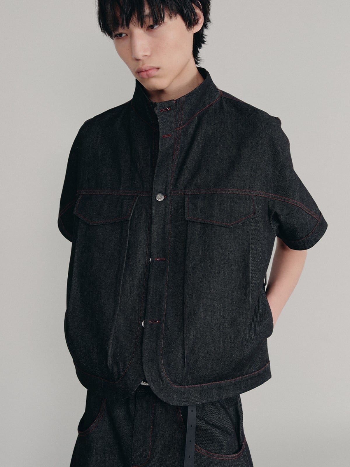 JCAESAR STUDIO Red Stitched Stand Collar Denim Shirt in Gray - On Male Model