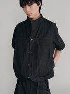 JCAESAR STUDIO Red Stitched Stand Collar Denim Shirt in Gray - On Male Model