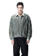 D5ove Faux Fur Collar Distressed Denim Jacket in Gray - On Male Model