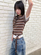 NeverSeez Striped Drawstring Cropped Polo in Brown - On Female Model