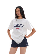 SweetChilling Oversized Vintage Print Cotton T Shirt in White - On Female Model
