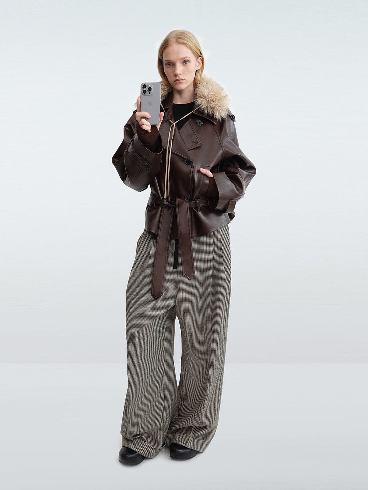 RARELY ALIKE Oversized Belted Faux Leather Jacket in Coffee - On Female Model