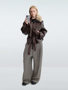 RARELY ALIKE Oversized Belted Faux Leather Jacket in Coffee - On Female Model
