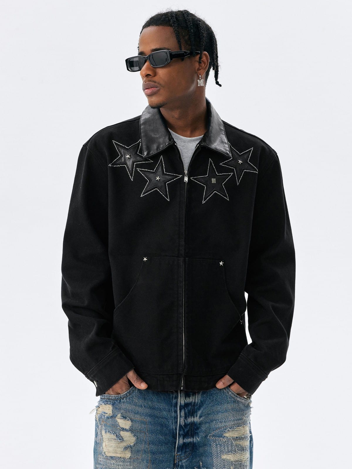 MEDM Leather Collar Star Appliqu Detroit Jacket in Black - On Male Model