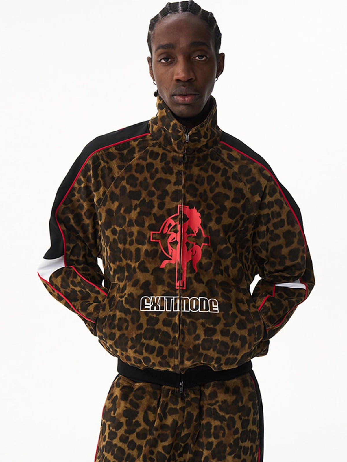 BLINDNOPLAN Leopard Print Zip Up Jacket in Brown - On Male Model