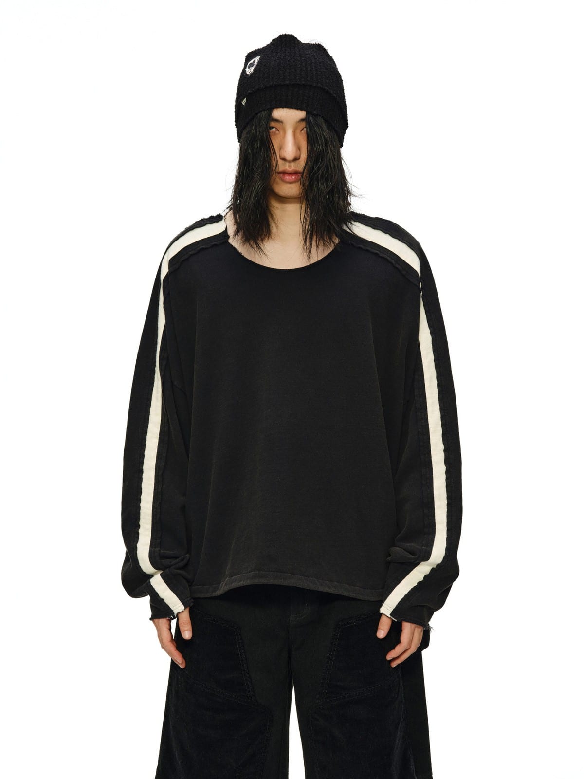 D5ove Striped Collarless Cotton Sweatshirt in Black - On Male Model