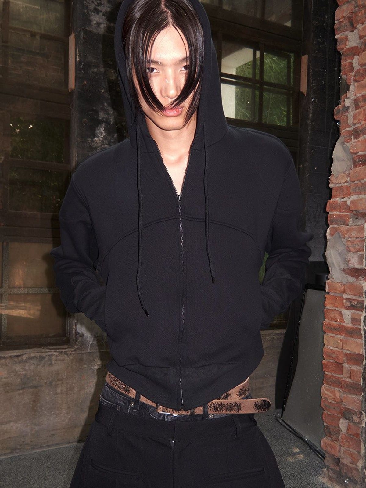 JCAESAR STUDIO Paneled Zip Up Glove Hoodie in Black - On Male Model