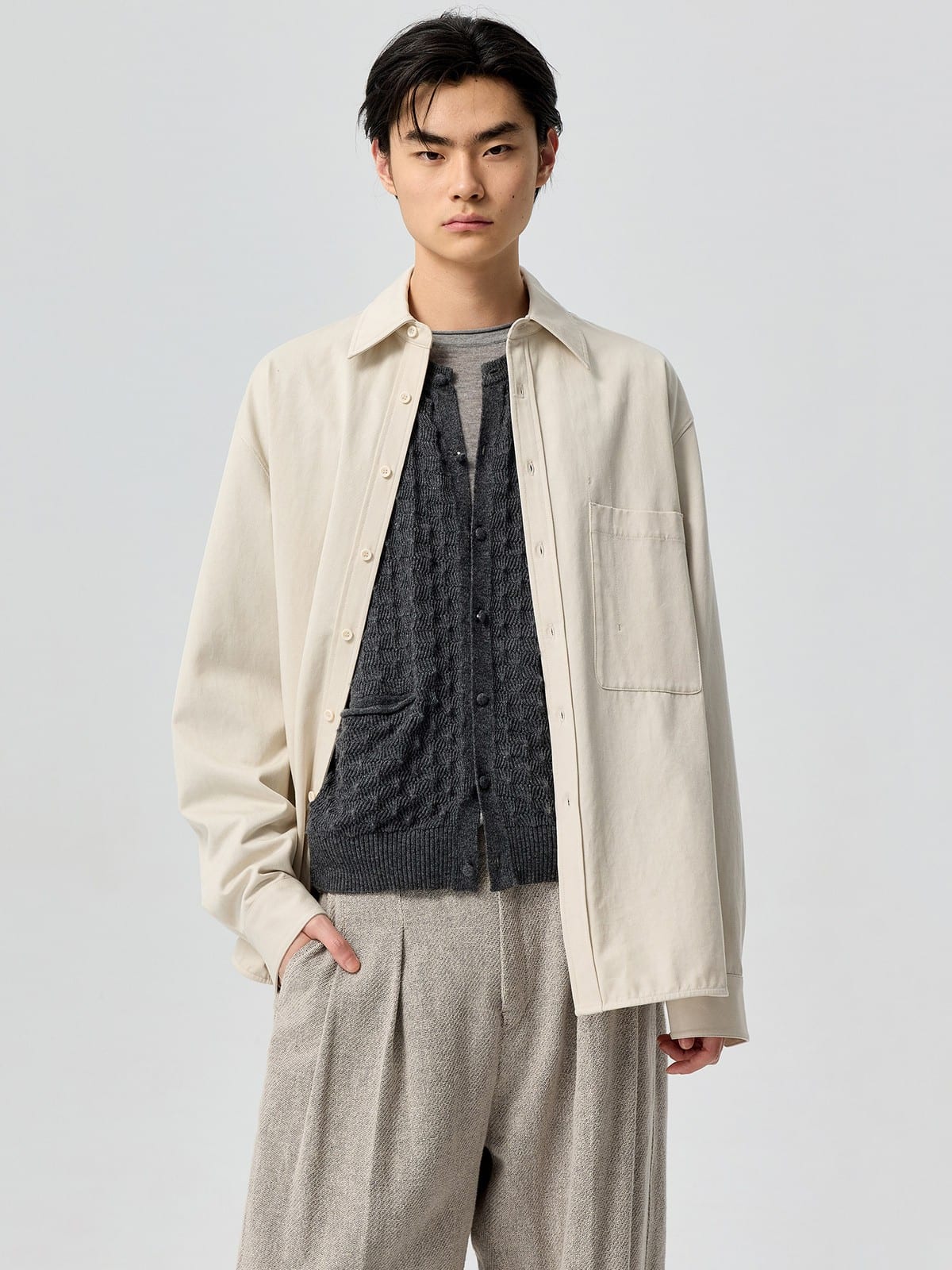 SIMPLE PROJECT Lyocell Cotton Pocket Work Shirt in Cream - On Male Model