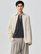 SIMPLE PROJECT Lyocell Cotton Pocket Work Shirt in Cream - On Male Model