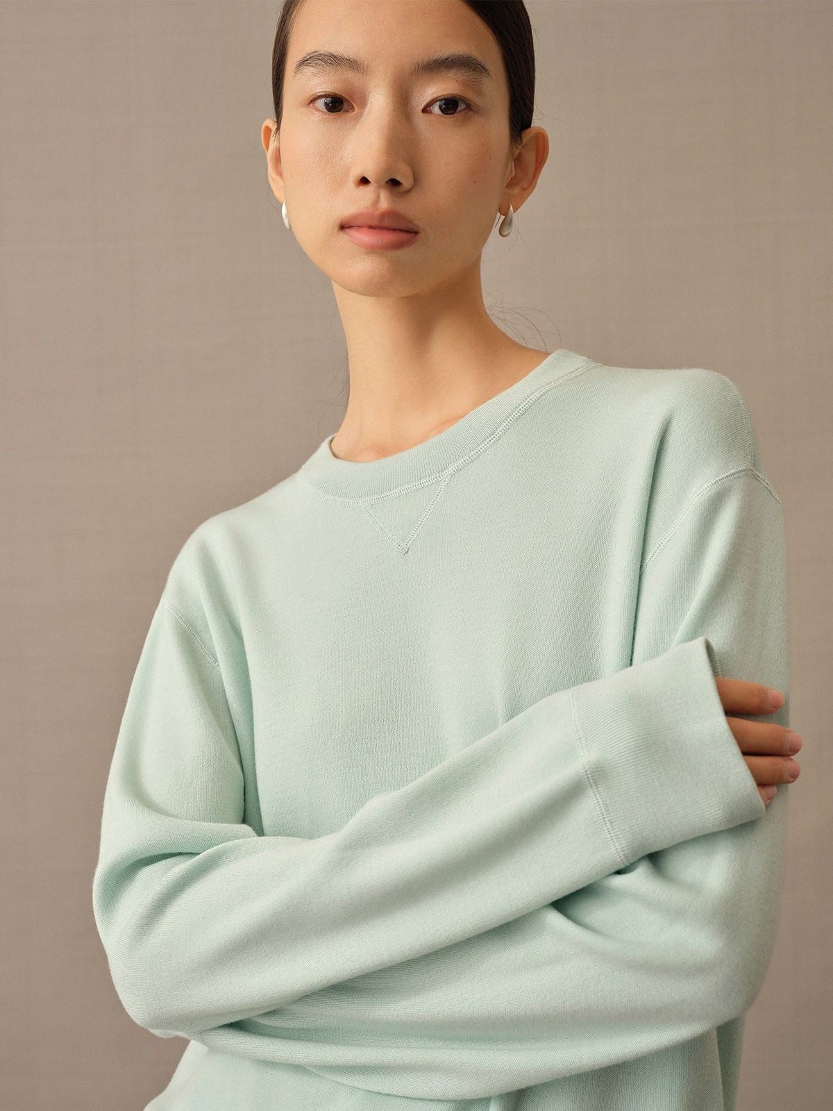 TEASEL Merino Wool Crewneck Sweatshirt in Mint - On Female Model
