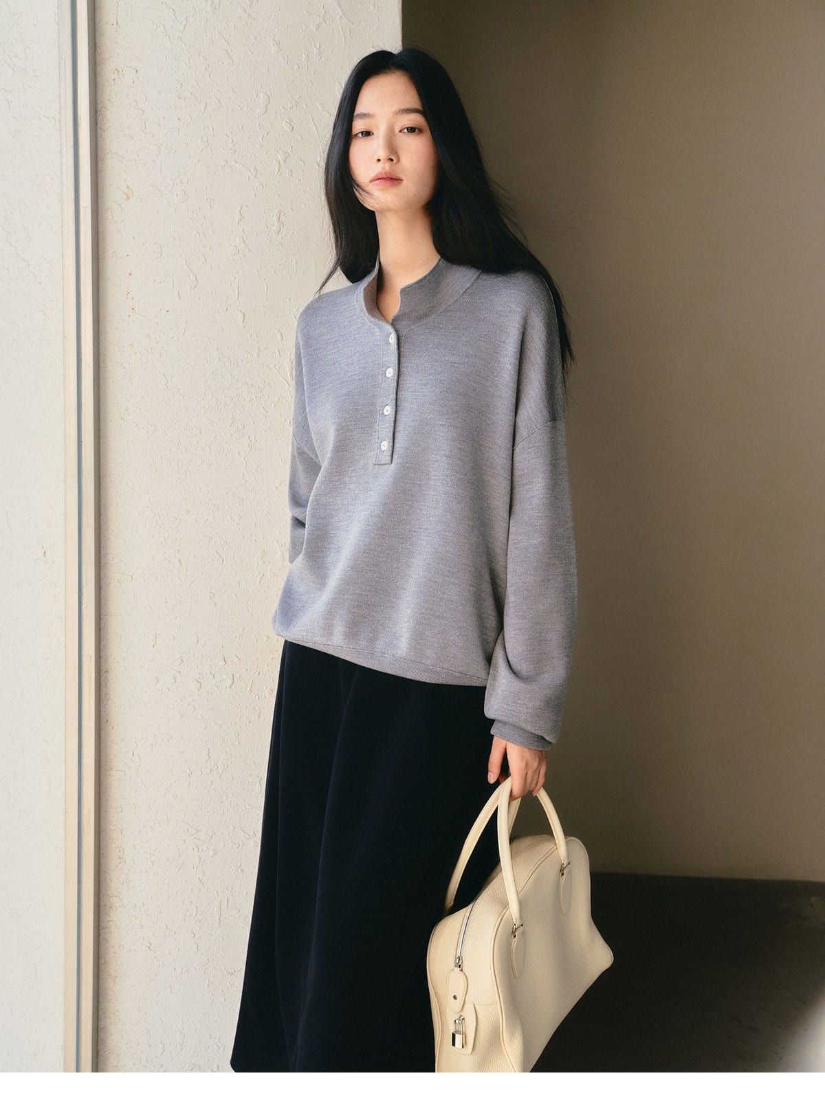 TEASEL Worsted Wool Henley Sweatshirt in Gray - On Female Model