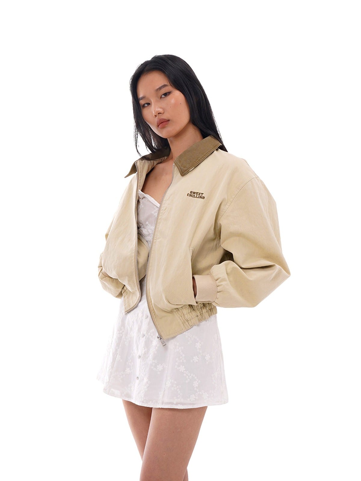 SweetChilling Contrast Collar Harrington Jacket in Beige - On Female Model