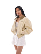 SweetChilling Contrast Collar Harrington Jacket in Beige - On Female Model