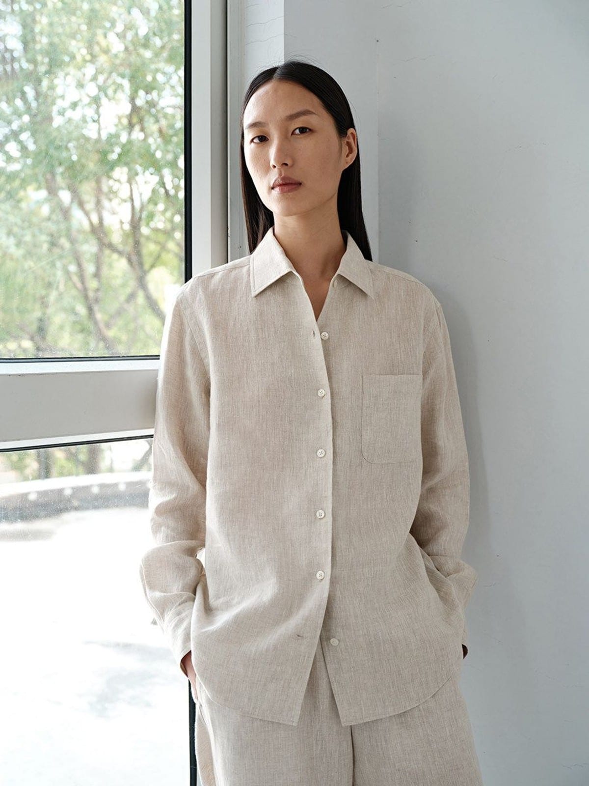 MSBEAST Linen Button Up Shirt Shorts Set in Beige - On Female Model