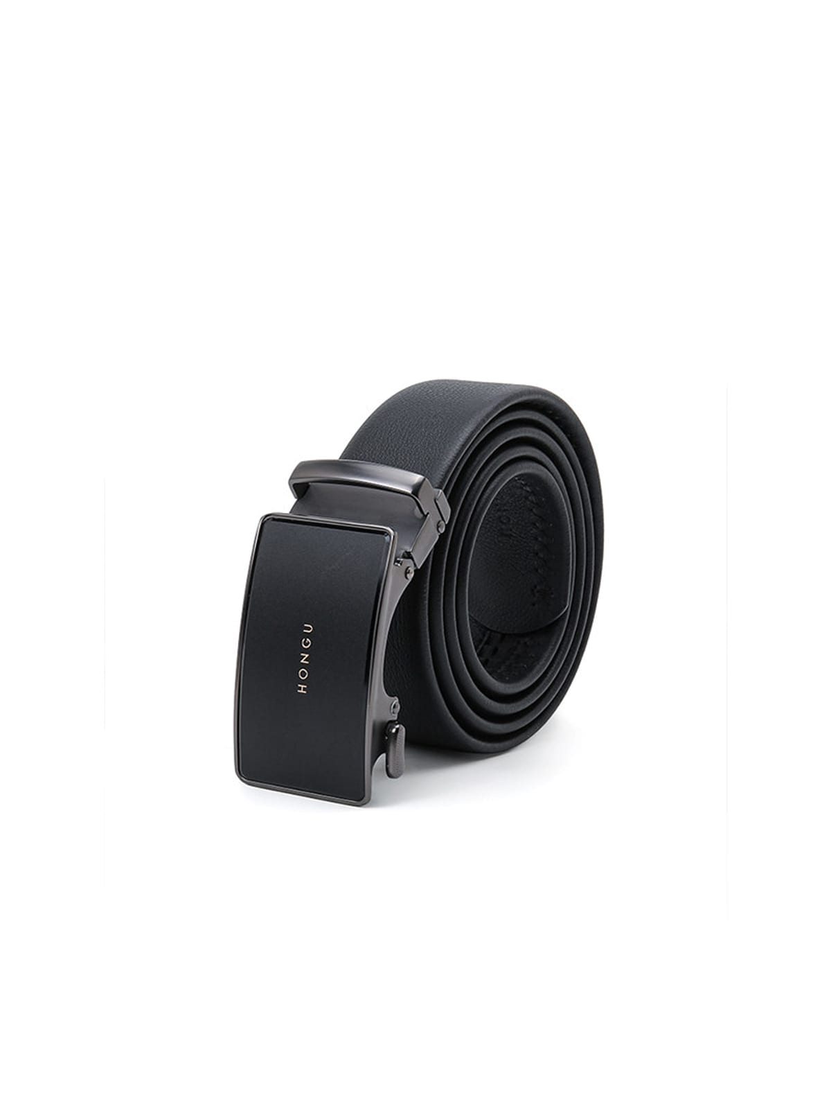 HONGU Cowhide Leather Automatic Buckle Belt in Black