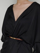 PANLULUPAN Slim Leather Belt with Interlocking Buckle in Black - On Female Model