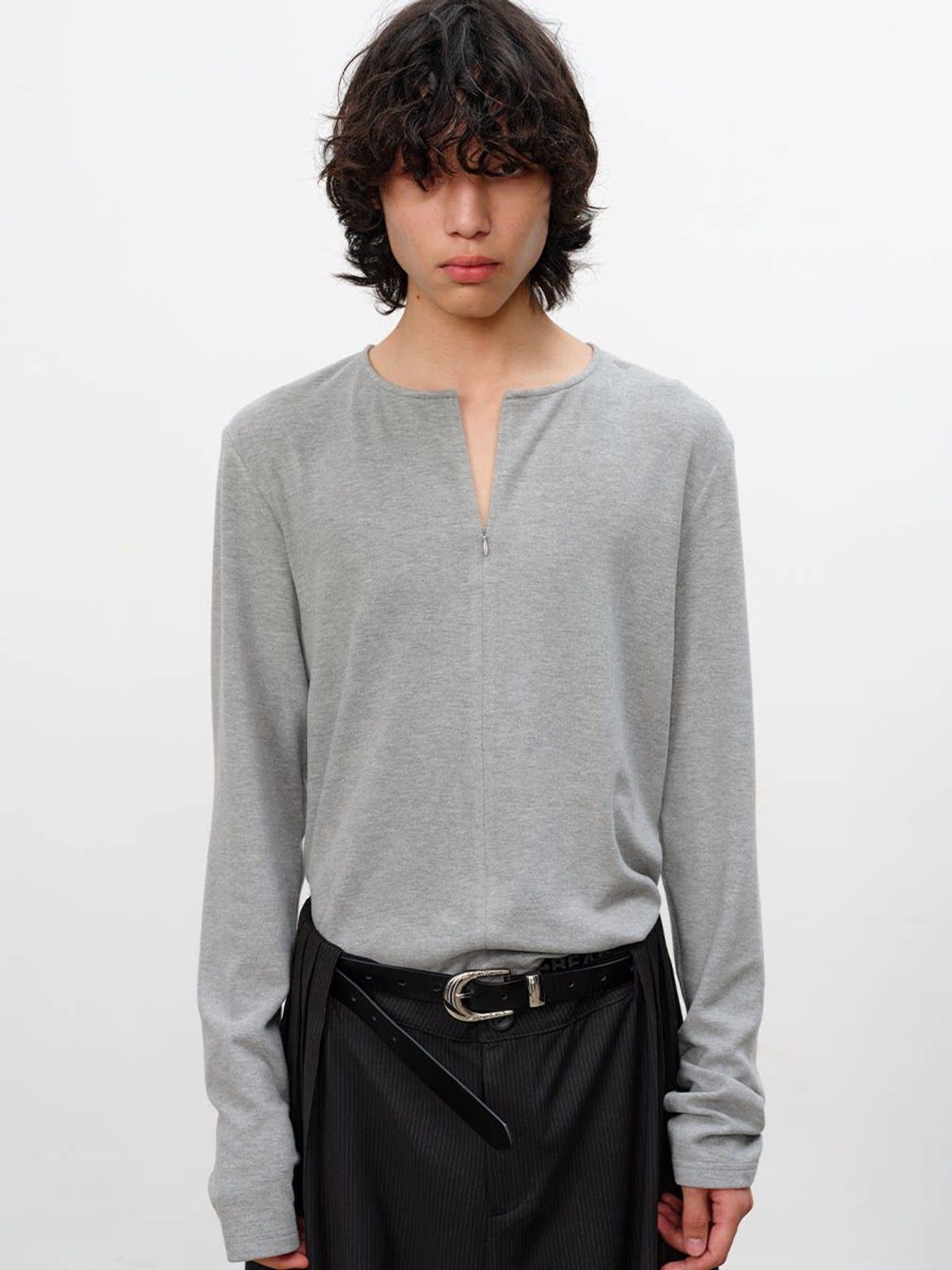 JCAESAR STUDIO Half Zip Lyocell Blend Long Sleeve Top in Gray - On Male Model