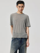SIMPLE PROJECT Linen Blend Crewneck T Shirt in Gray - On Male Model