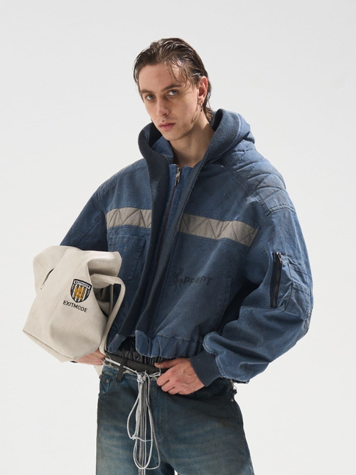 BLINDNOPLAN Distressed Hooded MA 1 Bomber Jacket in Blue - On Male Model