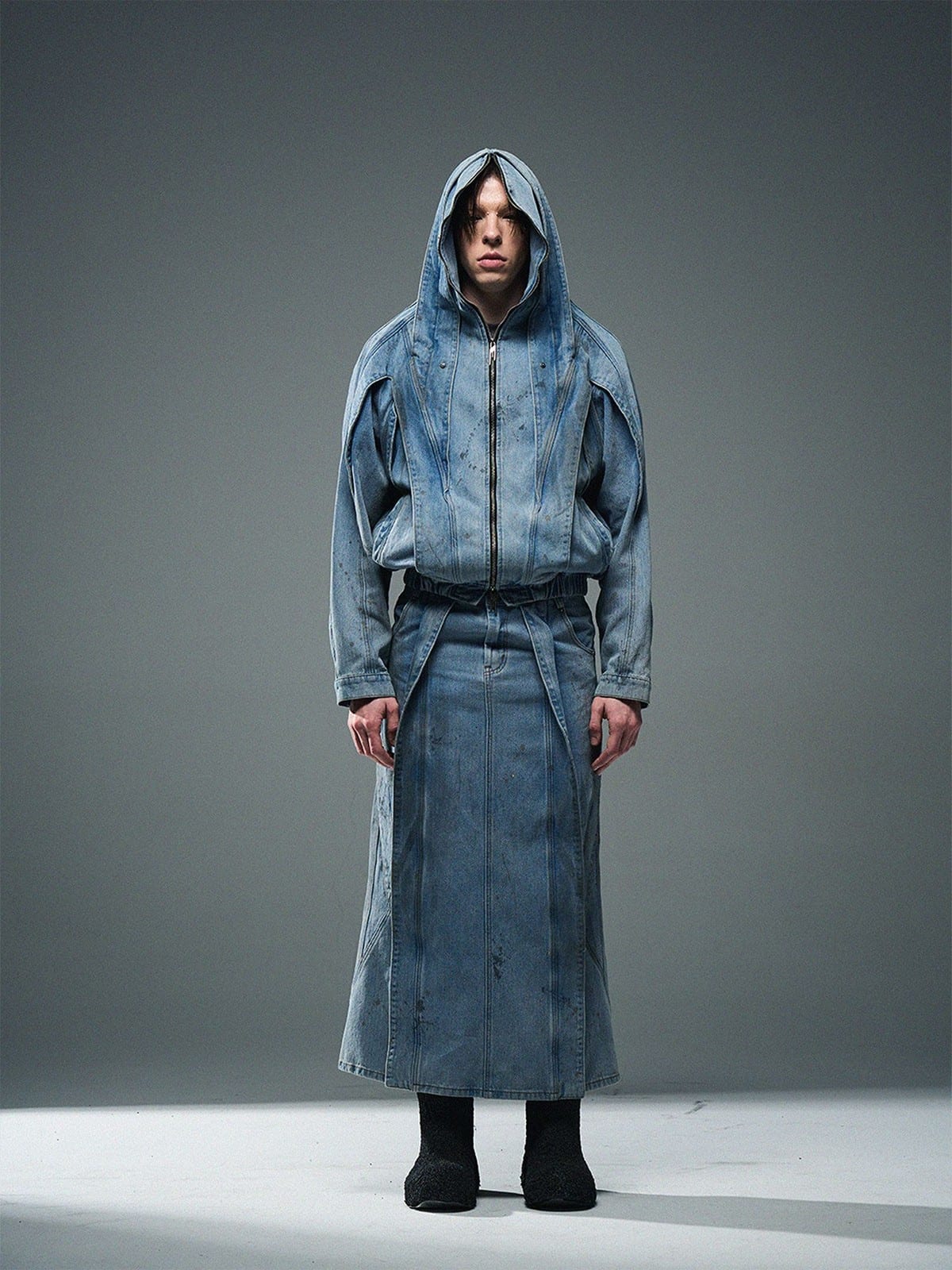 BLINDNOPLAN Mud Dyed Ink Splash Masked Hooded Jacket in Blue - On Male Model