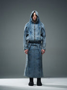 BLINDNOPLAN Mud Dyed Ink Splash Masked Hooded Jacket in Blue - On Male Model