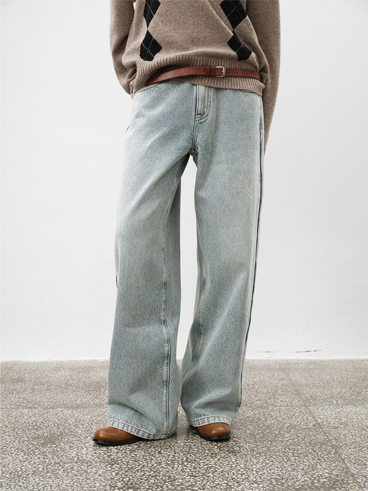 Random Piece Washed Cotton Twill Straight Jeans in Light Blue - On Model