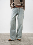 Random Piece Washed Cotton Twill Straight Jeans in Light Blue - On Model