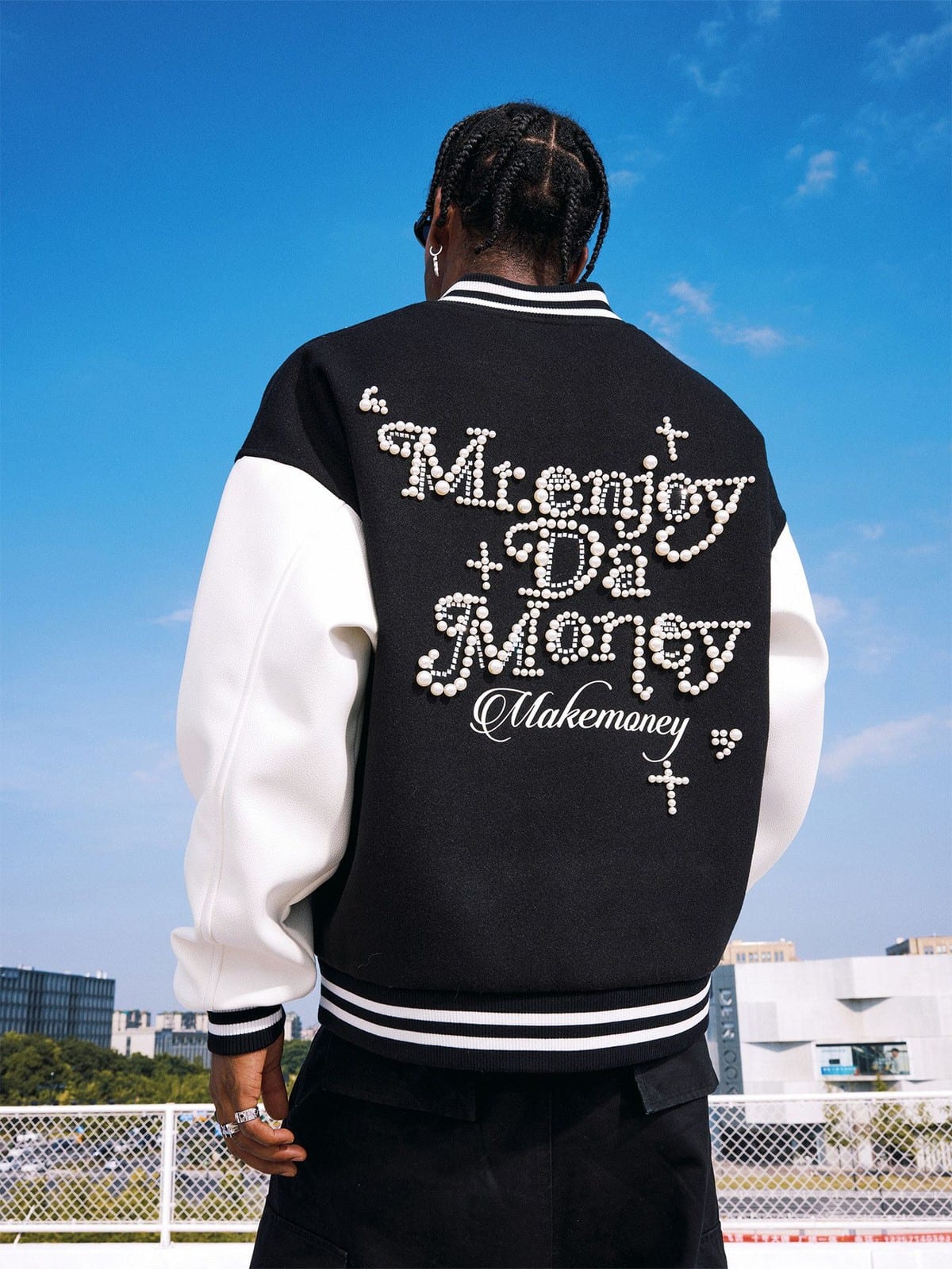 MEDM Pearl Embellished Varsity Jacket in Black - On Model