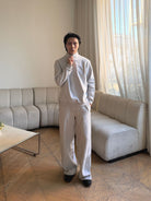 TRIANGLE PROJECT Brushed Cotton Wide Leg Sweatpants in Gray - On Male Model