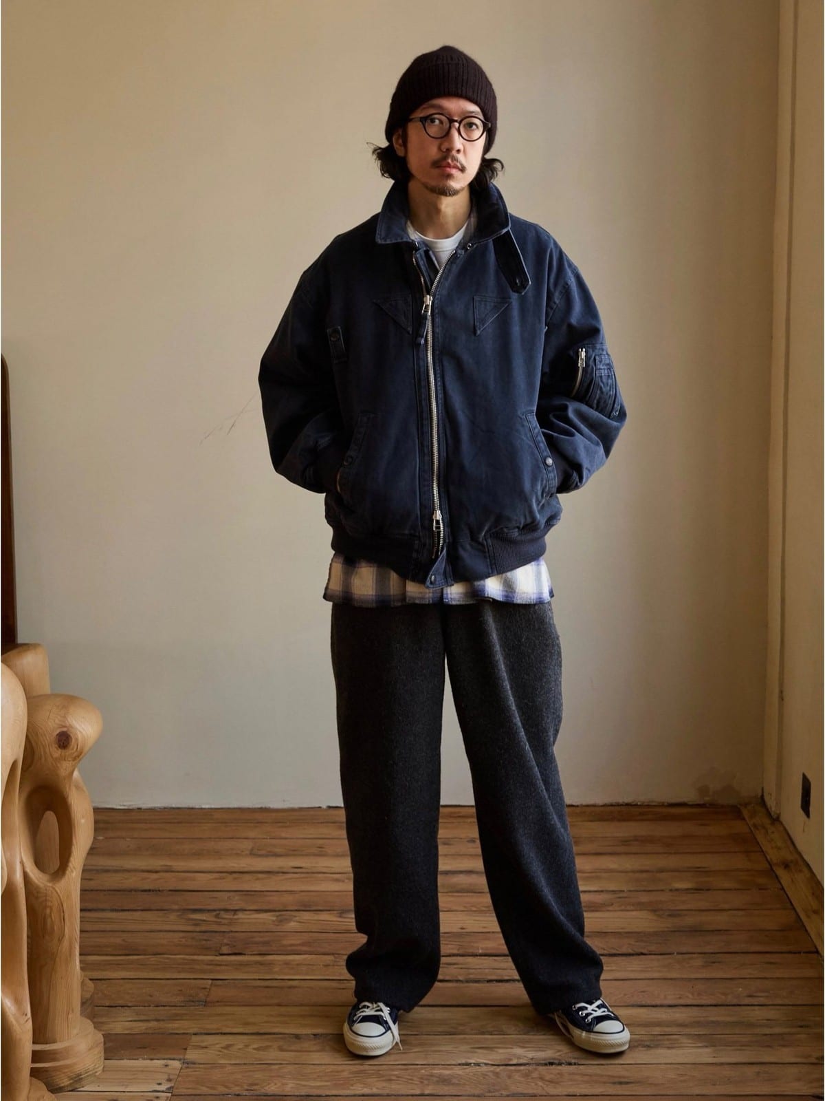 USAGE Washed Cotton Lyocell B 15 Bomber in Navy - On Male Model