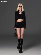 SMFK Cropped Zip Up Activewear Jacket in Black - On Female Model