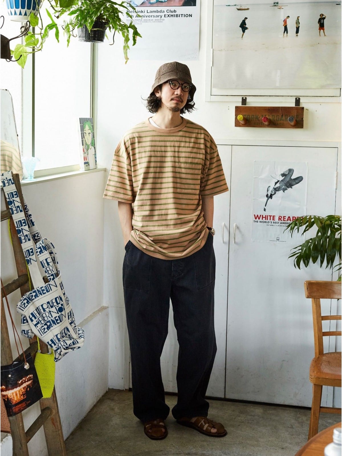 USAGE Retro Striped Cotton T Shirt in Pink - On Male Model